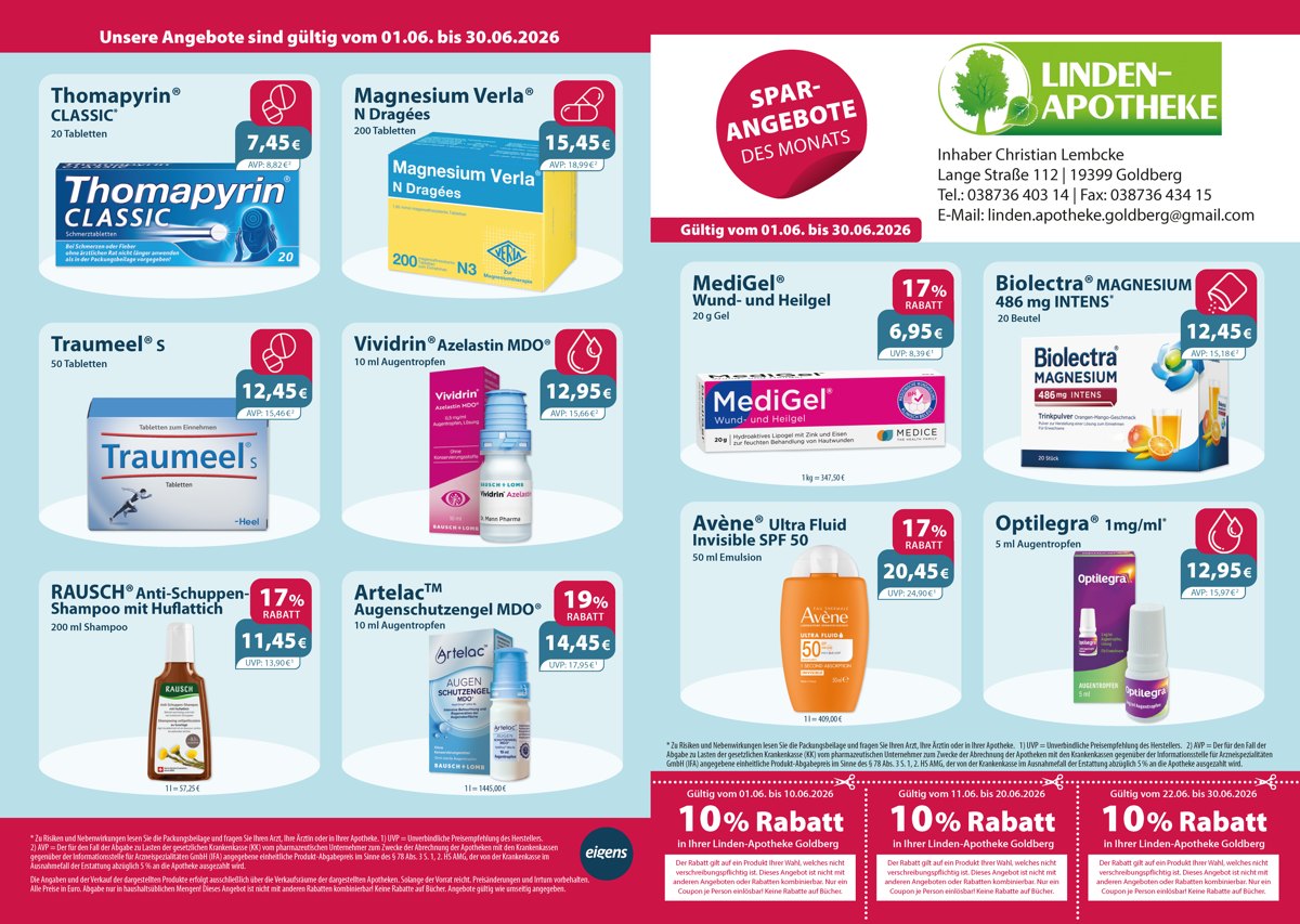 Monatlicher Angebotsflyer der Apotheke mit Informationen zu Öffnungszeiten, Leistungen, Aktionen und wechselnden Produkten aus Gesundheit und Pflege.